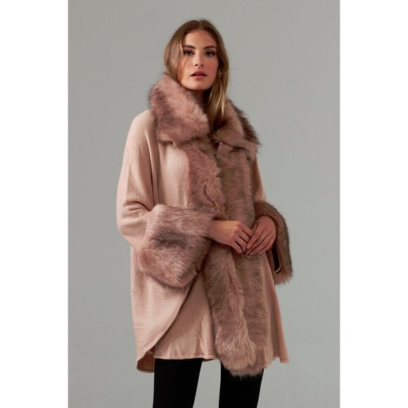 NWOT Joseph Ribkoff nude blush pink knit cape with faux fur accents, OS - Picture 1 of 9